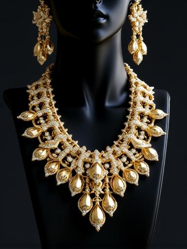 Bold statement jewelry chandelier earrings and chunky gold necklaces evening wear